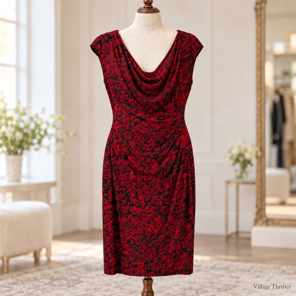 Lauren Ralph Lauren Sheath Dress Womens 14 Red Black Floral Cowl Neck Ruched